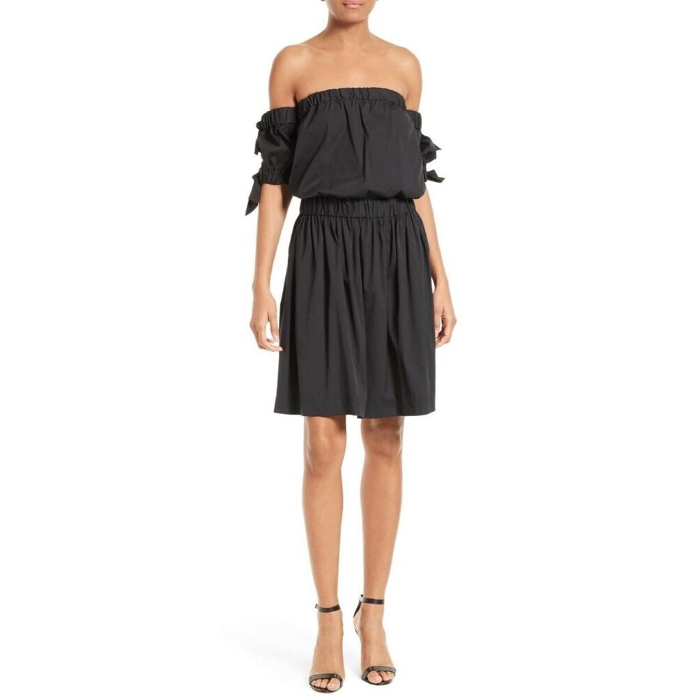 NWT Milly Zoey in Black Off the Shoulder Cotton Poplin Blouson Dress 6 $395
